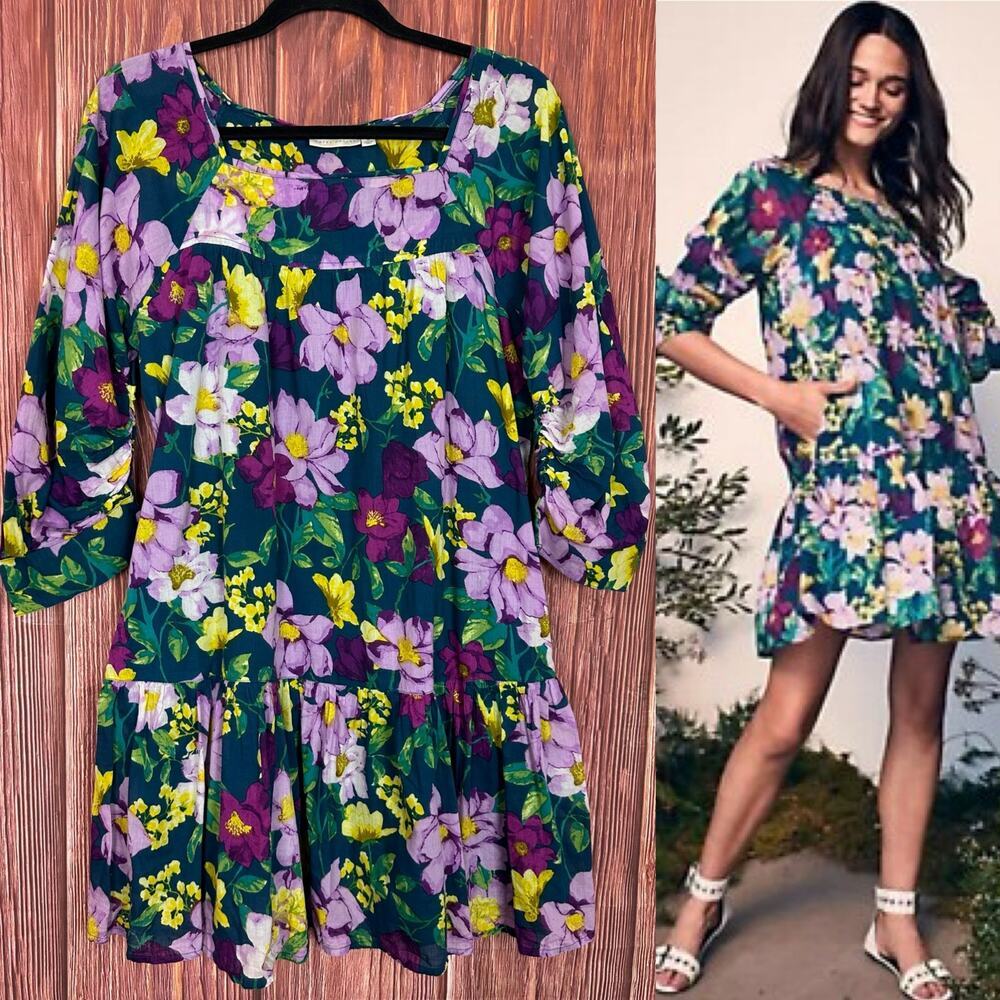 Happy X Nature Floral Mini Dress 3/4 Sleeve Pockets‎ Size Medium M Tiered